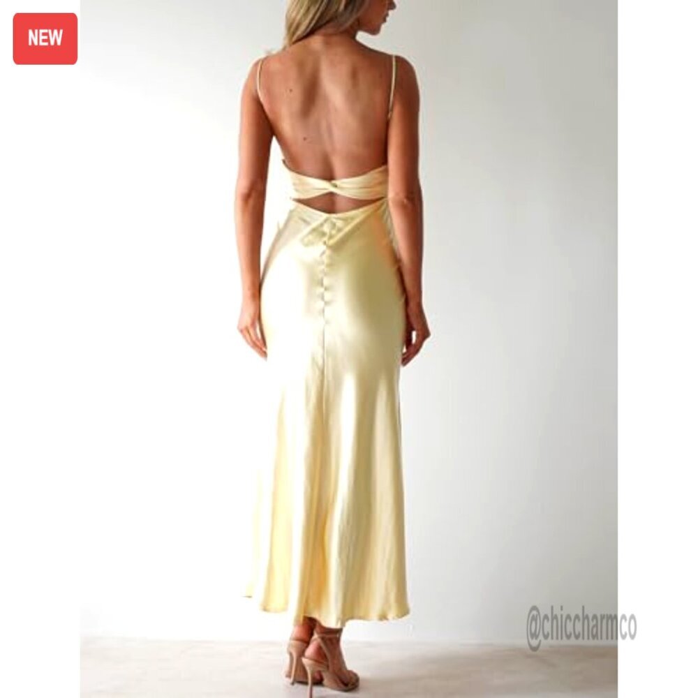 Satin Backless Ruched Twist Midi Dress Spaghetti Strap Formal Cocktail - Picture 2 of 5